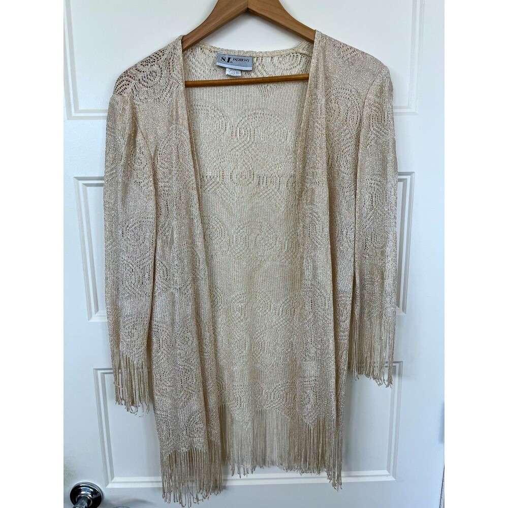 S.L. Fashions Women’s Beige Swirl Open-Knit Fringe Cardigan 3/4 Sleeve 8